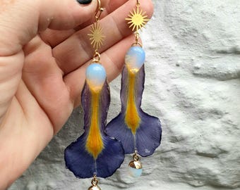 Iris Fairies - Purple Iris Petals with Brass Sun Connectors, Opalite Cabachons & Charms on 14k Gold Filled Hooks