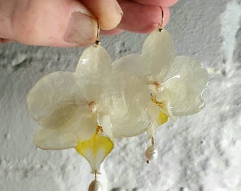 Serenity Orchids, Small White Orchids with Freshwater Pearl Charms on 14k Gold Filled Hooks