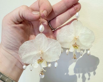 White Lady Orchids, White Orchids with Freshwater Pearl Connectors, Freshwater Pearl Charms & Central Quartz Charms on 18k Gold Plated Hooks