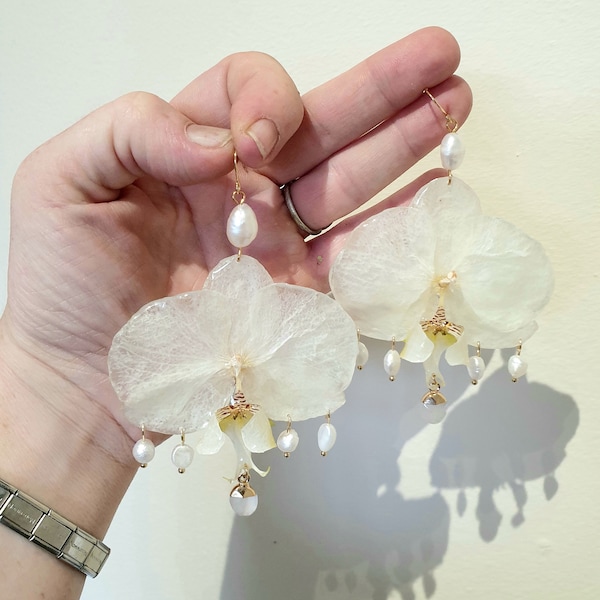White Lady Orchids, White Orchids with Freshwater Pearl Connectors, Freshwater Pearl Charms & Central Quartz Charms on 18k Gold Plated Hooks