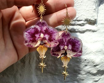 Celestial Babes, Small Purple Patterned Orchids with Brass Sun Connectors & 18k Gold Plated North Star Charm on 14k Gold Filled Hooks
