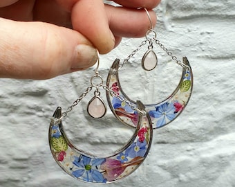 Moon Cradles in Silver with Fittonia, Scilla, Heather, Forgetmenots, Veronica on Sterling Silver Hooks with Rose Quartz Charms