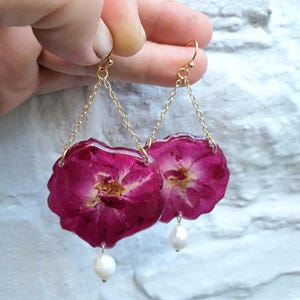 Deep Pink Rose Pendulums with Freshwater Pearl Charms on 14k Gold Filled Hooks