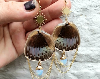 Mysric Fae Hindwings with brass sun Connectors, Opalite Charms and 14k Gold Filled Chain Embellishments on 14k Gold Filled Hooks