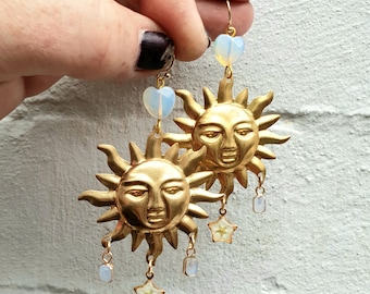 Whimsical Suns, Large Brass Suns with White Flower Star & Opalite Heart Connectors, Opalite Charms on 14k Gold Filled Hooks