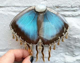 Morpho Butterfly Hindwings with 18k Gold Plated Gold North Star, Droplet Charms and Flashy Moonstone Cabachon on a Large Golden Hair Comb