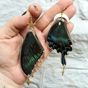 Peut inclure: Une paire de boucles d'oreilles uniques avec des ailes de papillon vertes et noires irisées. Chaque boucle d'oreille comporte des accents dorés, notamment une étoile et des breloques en forme de goutte. Les boucles d'oreilles sont suspendues à des crochets dorés.