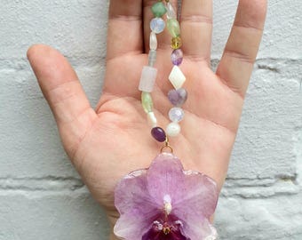 Real Pink Orchid Bag Charm with Freshwater Pearl, Shell & Mixed Gemstone Beads on Circular Golden Carabiner