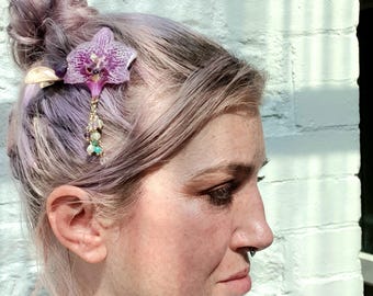 Fairy Orchid Hair Slide with Gemstone cluster, Faceted Amethyst Heart & Faceted Quartz Moon
