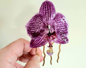 Large Purple Orchid with Amethyst Heart Charm on a Large Brass Hair Comb