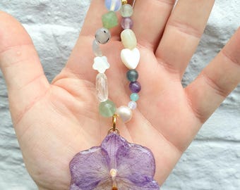 Real Lilac Orchid Bag Charm with Freshwater Pearl & Mixed Gemstone Beads on Circular Carabiner