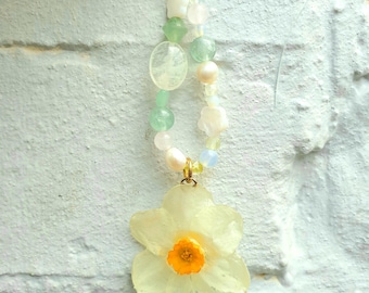 Real Welsh Daffodil Bag Charm with Freshwater Pearl & Mixed Gemstone Beads on Circular Carabiner