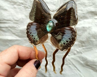 Mystic Fae Butterfly with Flashy Labradorite Cabachon on Large Golden Iron Hair Comb