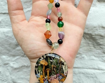 Fairy Mushroom Scene Bag Charm with Colourful Mixed Gemstone Beads on Circular Carabiner