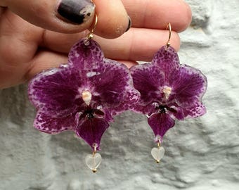 Love Fairy Orchids, Small Purple Patterned Orchids with Quartz Heart Charms on 14k Gold Filled Hooks