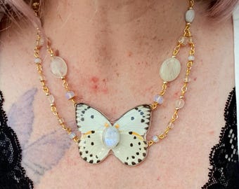 Fairy Necklace with Real Butterfly and Flashy Moostone on Beaded Collar Style Chain of Prehnite, Opalite, Lemon Quartz & Selenite