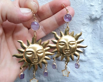 Whimsical Suns, Large Brass Suns with White Forgetmenot Star & Amethyst Charms on 14k Gold Filled Hooks