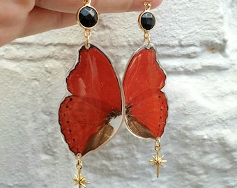Queen of the Damned Wings, Ethically Sourced 1/2 Sangaris Butterflies with Obsidian Connectors & North Star Charms on 14k Gold Filled Hooks