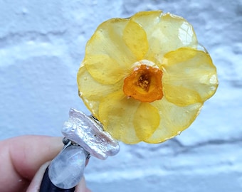 Fairy Daffodil Hair Slide with Freshwater Pearl & Quartz Teardrop