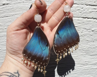 Fae Queen Wings, Real Ethically Sourced Blue Morpho Forewings with North Star & Moonstone Charms on 14k Gold Filled Hooks