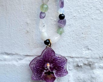 Real Purple Orchid Bag Charm with Freshwater Pearl, Shell & Mixed Gemstone Beads on Circular Golden Carabiner