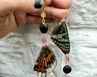 Mismatched Sunset Moths, Ethically Sourced Butterfly Forwing and Hindwing Dangles with Gemstone Charms on 14k Gold Filled Hooks