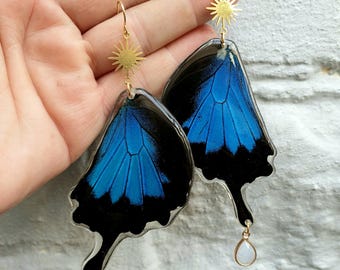 Celestial Ulysses: Real Ethically Sourced Papilio Ulysses Hind Wings with Sun Connectors, Opalite Charms on 14k Gold Filled Hooks