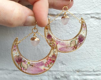 Moon Cradles Pink Bloom with Bleeding Hearts, Heather, Alyssum & Pink Fittonia on 14k Gold Filled Hooks with Rose Quartz Heart Charms