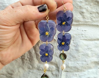Double Decker Blue Viola Dangles with Freshwater Pearl & Abalone  Charms on 14k Gold Filled Hooks