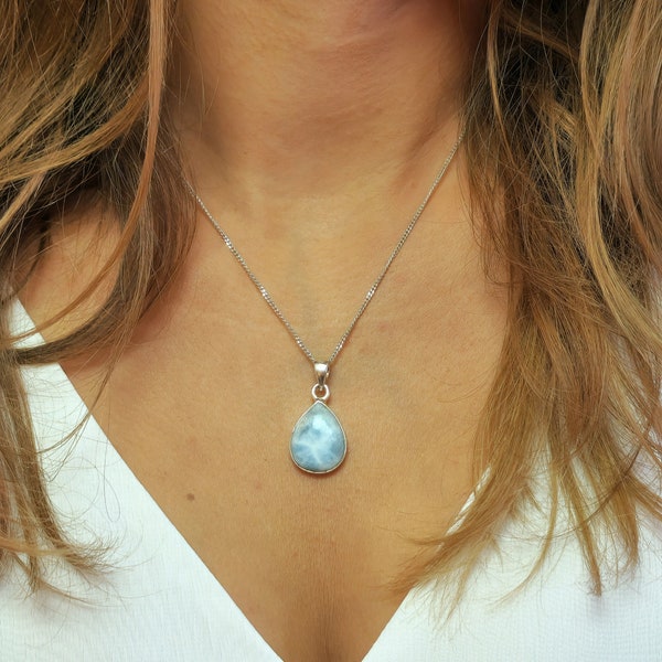 Genuine Larimar Necklace, Ocean Blue Stone Pendant, Sterling Silver 925, Gift For Her, Teardrop Shape, Natural Gemstone Jewelry.