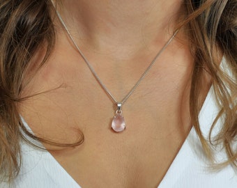 Dainty Rose Quartz Teardrop Pendant Necklace - Sterling Silver - October Birthstone Jewelry - Faceted Pink Crystal Charm