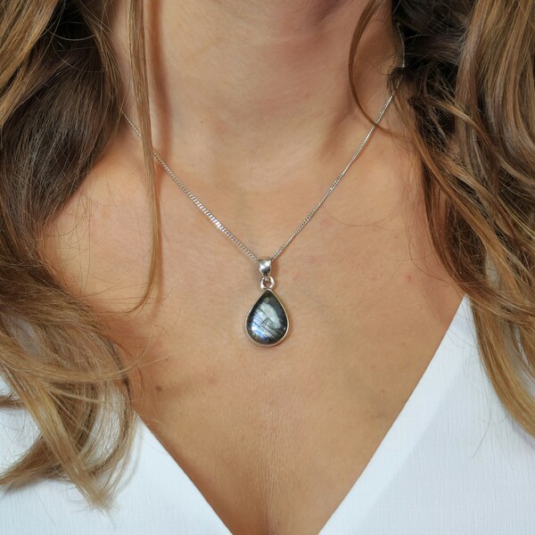 Multicolor Labradorite Pendant, Gemstone Jewelry, Rainbow Labradorite Necklace, Sterling Silver, Teardrop Shape, Balance Stone, Gift for Her