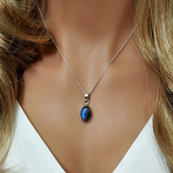 Blue Flash Labradorite Necklace, Oval Shape Pendant, Sterling Silver 925, Blue Crystal Gemstone, November Birthstone Jewelry, Balance Stone.