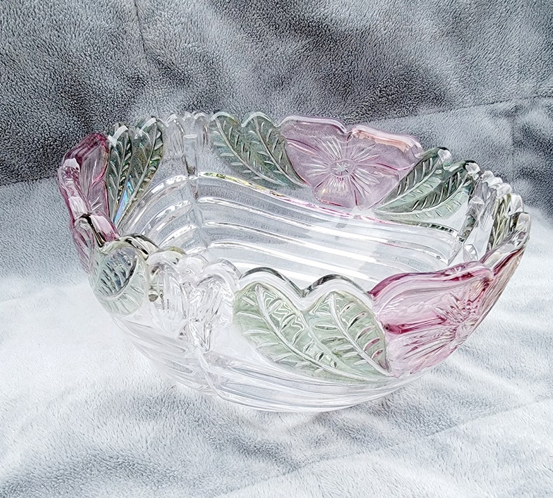 Vintage Mikasa Lead Crystal Bowl With Pink Flowers and Green Etsy