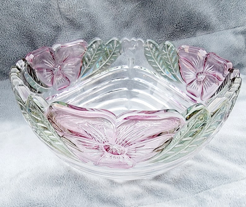 Vintage Mikasa Lead Crystal Bowl With Pink Flowers and Green Etsy
