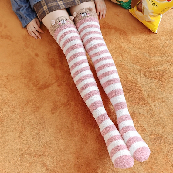 Thigh High Striped Fuzzy Socks Pom Pom 
