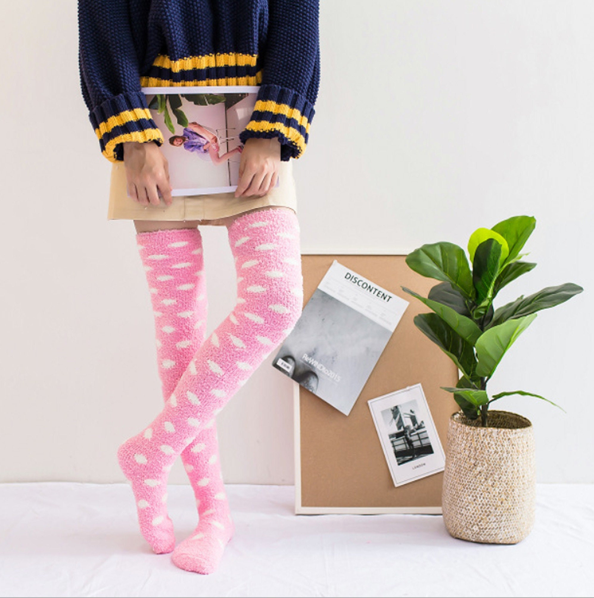 Thigh High Polka Dots Fuzzy Socks Cozy 