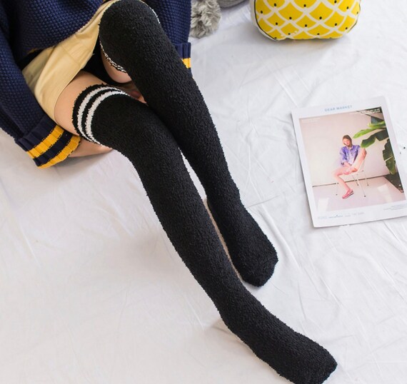 Thigh High Striped Fuzzy Socks Cozy 