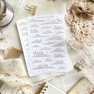 hoja de pegatinas de nubes de ensueño, pegatinas bujo, pegatinas de diario de balas, pegatinas de planificador, diario, pegatinas lindas, pegatinas de ensueño
