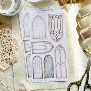 hoja de pegatinas de ventanas de catedral, pegatinas de diario de balas, pegatinas decorativas, diario basura, pegatinas vintage, pegatinas de ventanas, romántico