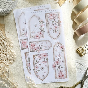 feuille d'autocollants cadres sakura, autocollants bullet journal, décoratif, journalisation indésirable, autocollants vintage, autocollants floraux, autocollants sakura