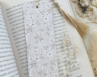 beige sakura bookmark | bookmark with tassel, cute bookmark, vintage bookmark, double sided bookmark, floral bookmark, cherry blossoms