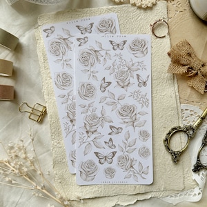 Feuille d'autocollants roses blanches et papillons, autocollants pour bullet journal, autocollants pour agenda, journal indésirable, autocollants vintage, autocollants floraux