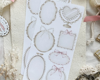 pearly frames sticker sheet, bujo stickers, bullet journal stickers, planner stickers, junk journaling, coquette stickers