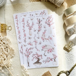 folha de adesivos estéticos sakura, adesivos bujo, adesivos decorativos, diário de lixo, adesivos vintage, adesivos florais, adesivos sakura
