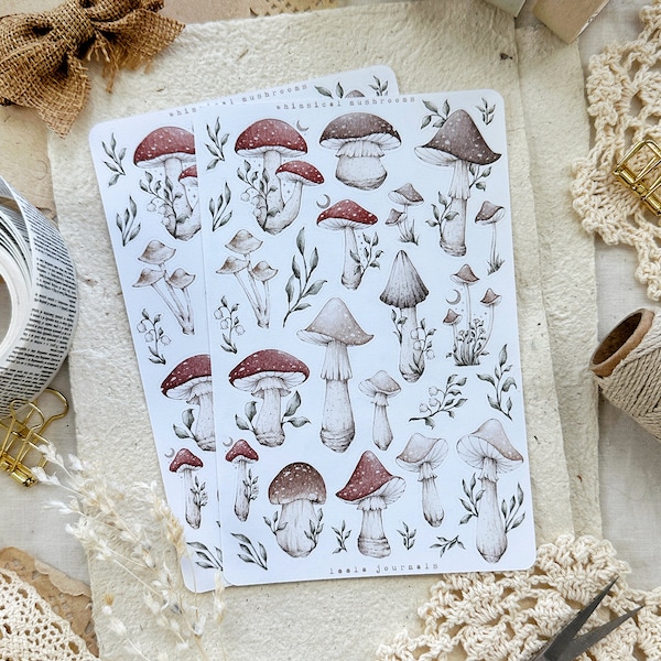 mushroom sticker sheet, bujo stickers, bullet journal stickers, planner stickers, journaling, cute stickers, fungi stickers, fall stickers