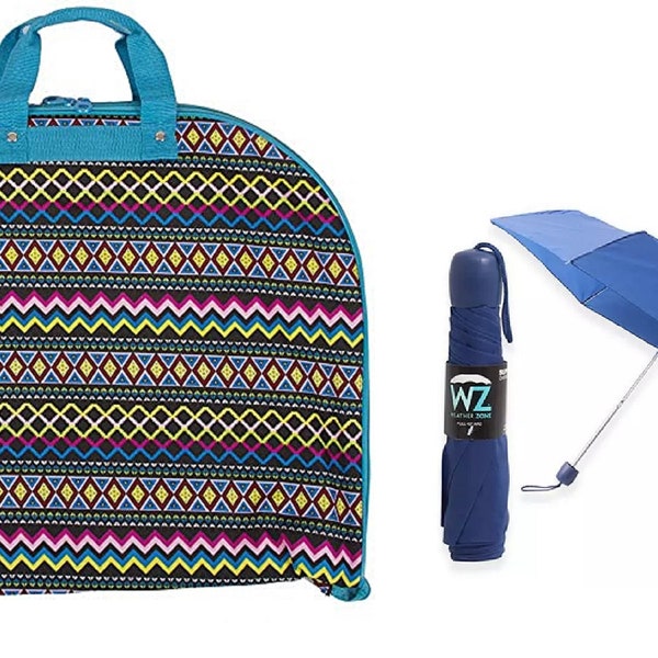 New Aztec Hanging Garment Bag And Mini Blue Umbrella