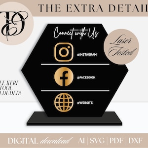 Könnte beinhalten: Eine digitale Grafik in Schwarz und Gold mit dem Text „THE EXTRA DETAIL“ und „Connect with Us“ mit Instagram-, Facebook- und Website-Symbolen. Enthält den Text „FREE KERF TOOL INCLUDED!“ und „Laser Tested“.