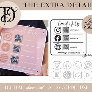 Peut inclure: Panneau rose en acrylique avec le texte « Connectez-vous avec nous » et des icônes de médias sociaux pour Instagram, Facebook et un site Web. Le panneau comprend des codes QR et le texte « afterpay disponible ici ». Le texte « Laser Tested » est également visible.
