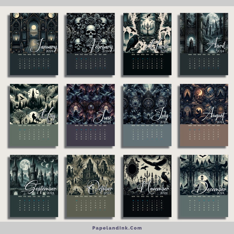 2024 Gothic Elegance Printable Calendar & Bookmark Set, US Letter and